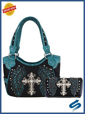 Western Rhinestone Cross Studded Laser Cut Wings Tooled Leather Purse Handbag